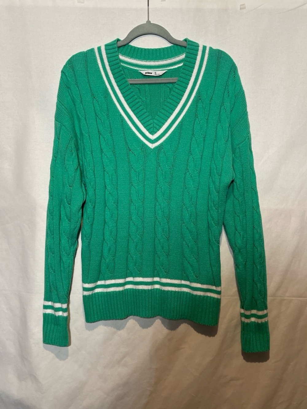Prince Emerald Green Cable Knit V-Neck Sweater with White Stripes